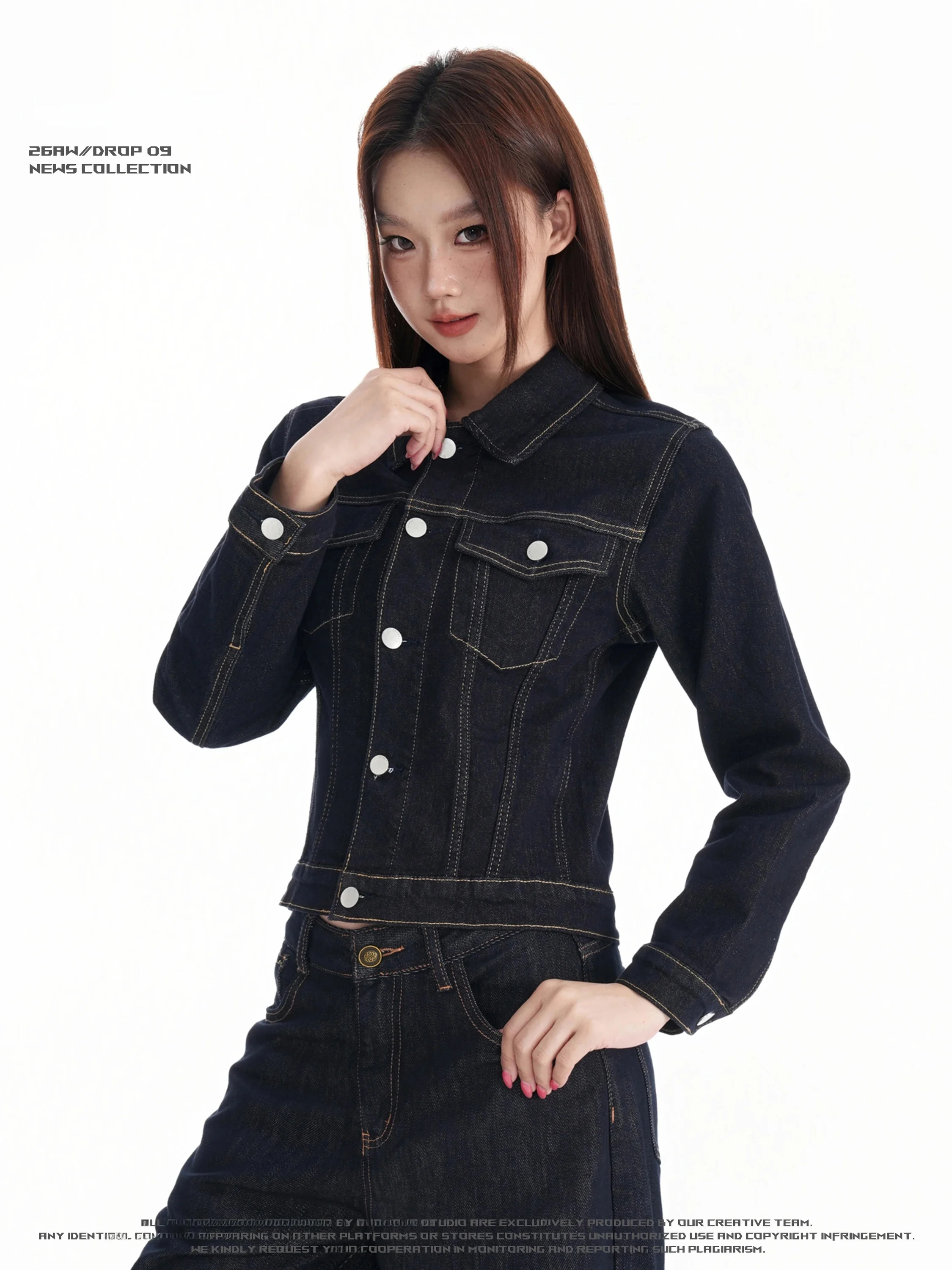 Anamone American Retro Short Denim Jacket Women's Autumn Splicing Elastic Versatile Slimming Fit Coat Straight Tube Type