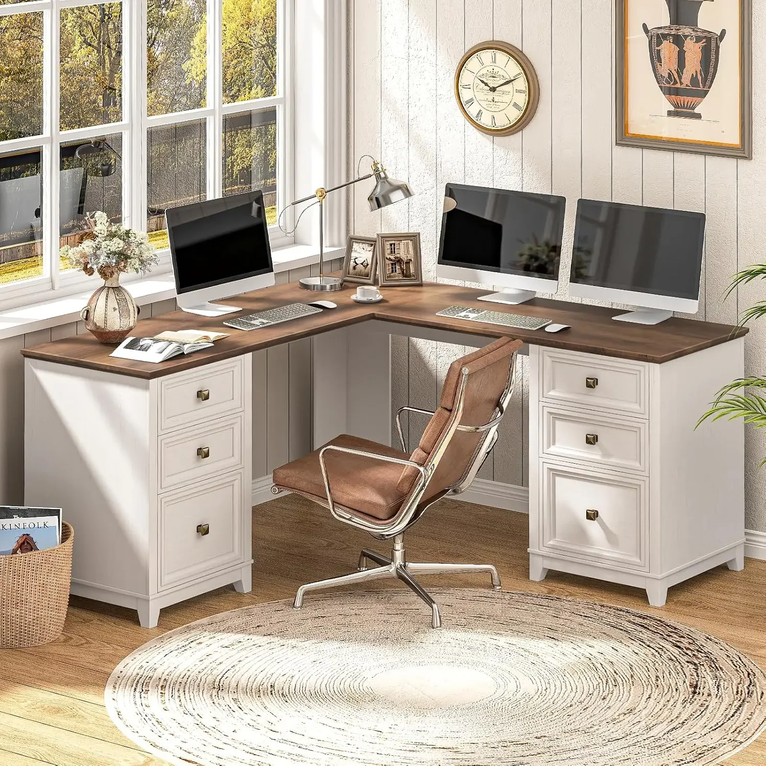 59'' Farmhouse L Shaped Desk with 6 Drawers, Large Rustic L Shaped Executive Desk with File Cabinet, Wood Writing Corner Compute