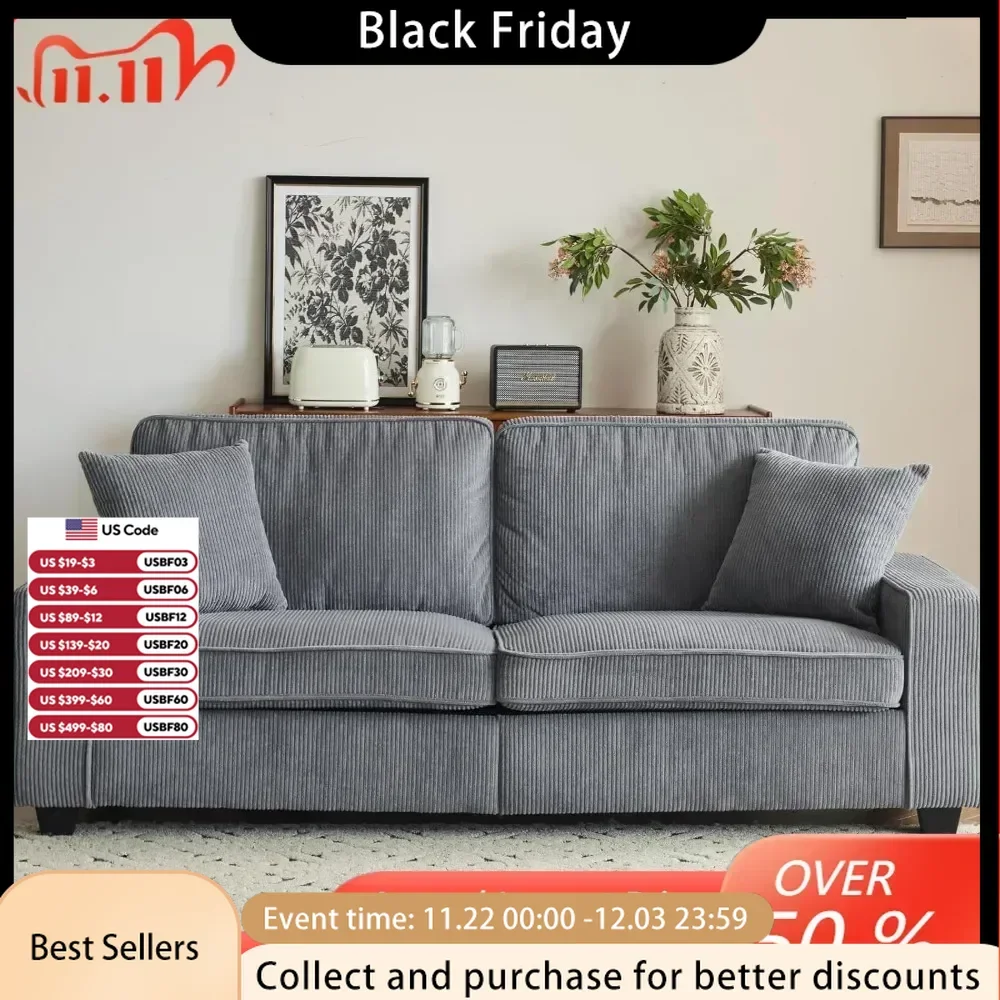 Cloud Feel Comfy Deep Seat Corduroy Couch,Wide Armrest, USB Charging Port, 2 Pillows,Grey Modern Loveseat Living Room Sofas