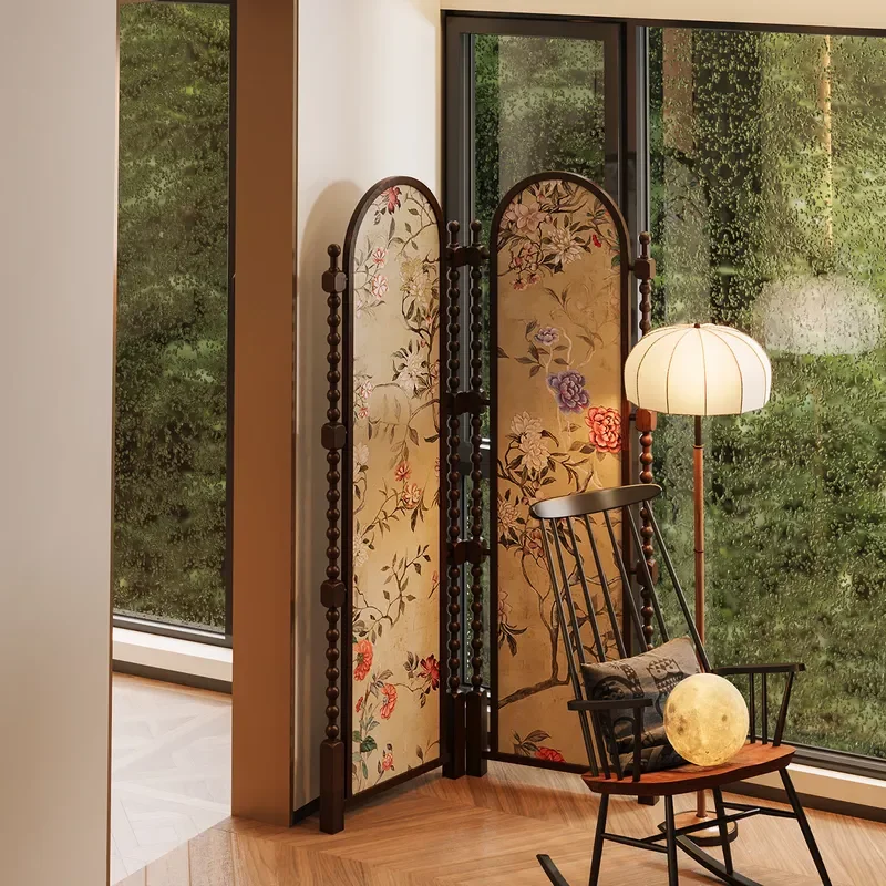 French Medieval Style Solid Wood Folding Screen Retro Living Room Sofa Decoration Portable Mobile Partition for Live Stream