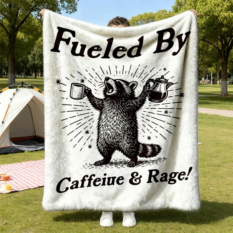 Fueled By Caffeine And Rage Flannel Blanket, Funny Raccoon Coffee Lover Flannel Throw, Feral Meme Cozy Blanket