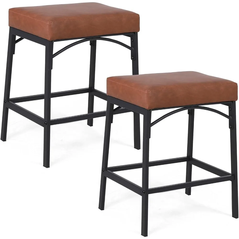 

Counter Height Bar Stools Set of 2 Upholstered PU Leather Backless Square Stools Soft Cushion Seat Chairs Modern Barstools