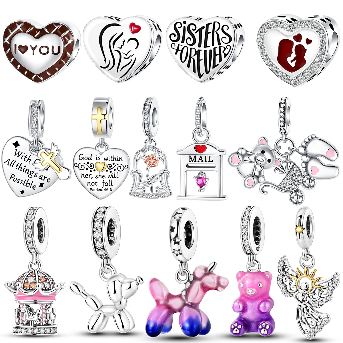 

925 sterling silver Original Carousel Balloon Dog Cross Forever Sisters Love Racelet Charm Beads Necklace Diy Female Jewelry