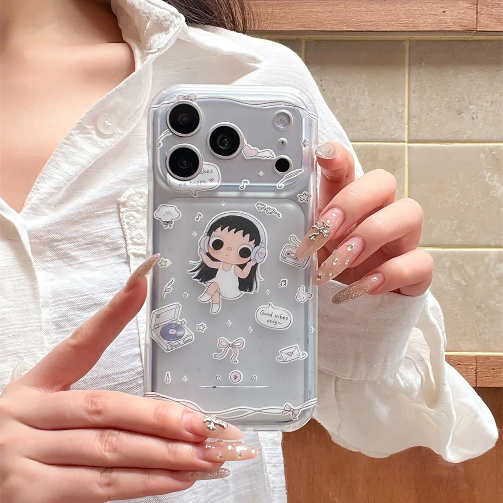Korea ins Cartoon Music Girl Phone Case For iPhone 18 Pro Max 18 Pro 17 16 15 Protection Shockproof Cute Cases Cover with Chain