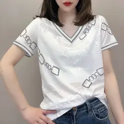 Summer T Shirt for Women Korean Fashion Cashew Flower Luxury Designer Splicing Cotton Loose Oversize Tops Women Clothes