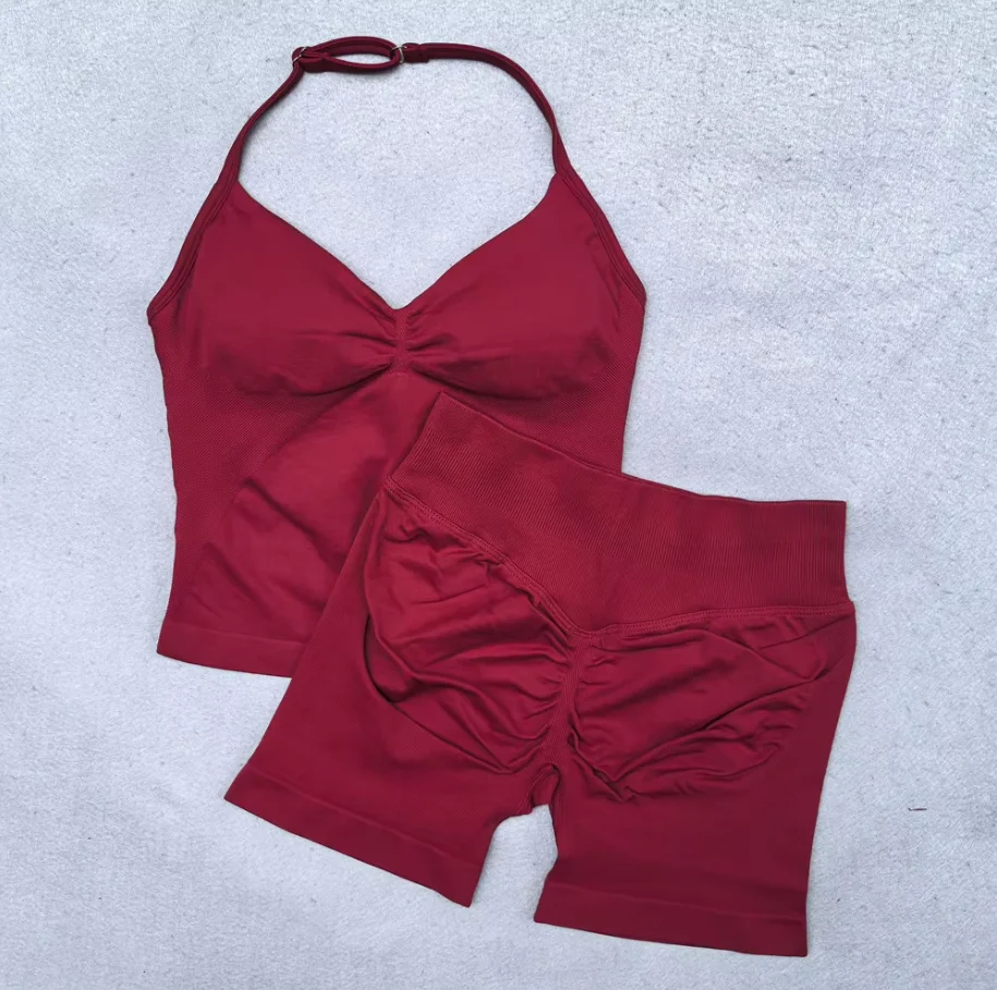 

High quality new yoga gym 2-piece set women's lace-up yoga bra top workout scratches shorts sportswear seamless yoga set