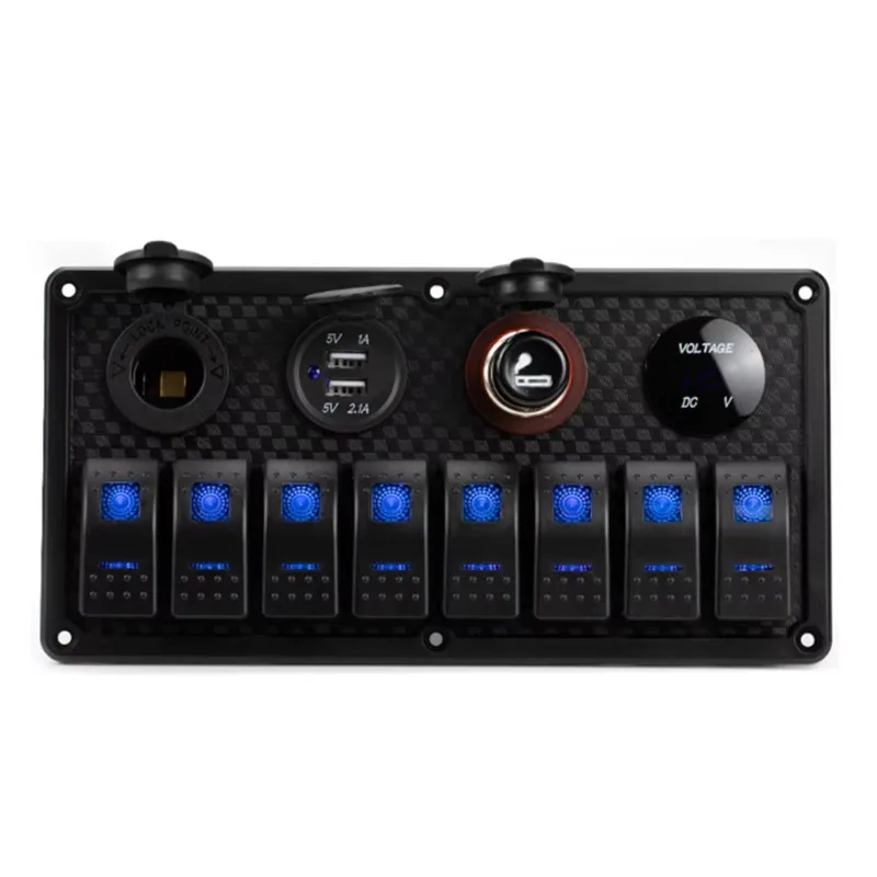 12V Rocker Switch Panel 8 Gang Custom Car Switch Panel Marine Switch Panel 12V with Voltmeter USB Ciga Power Socket