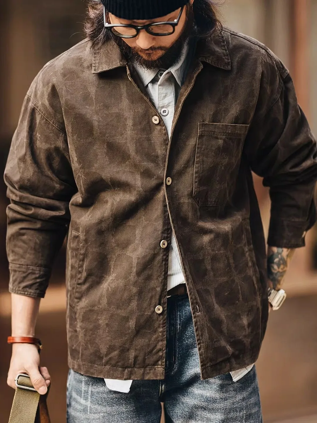 

Loose American Retro Texture Plaid Men's irt Spring Autumn New Sle Casual Loose Weave Jaet Breathable Comfortable Cotton