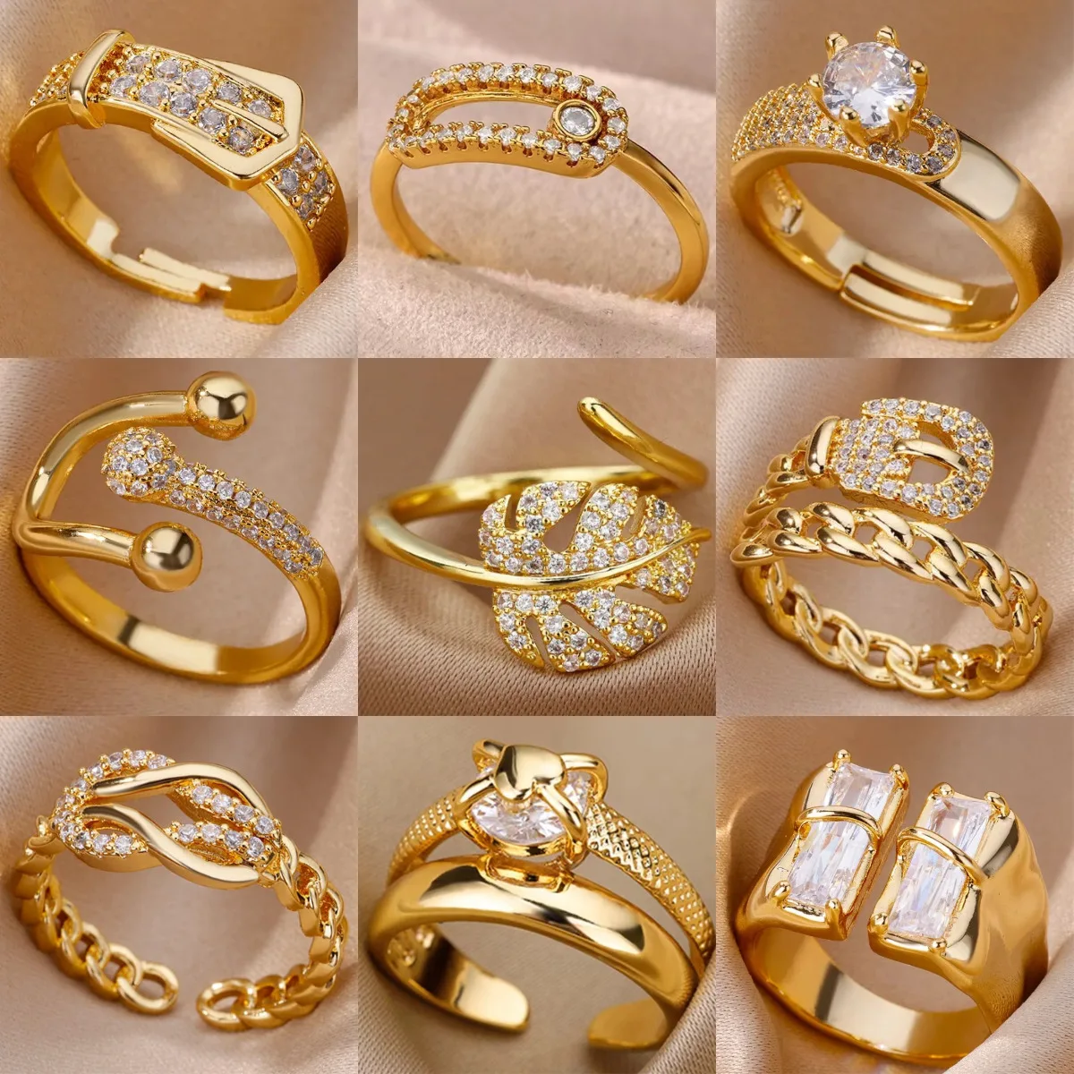 

18K Gold Plated Titanium Steel Rings For Women Full Zircon Leaf & Various Designs Fade-Resistant Jewelry Gifts for Daily Wear