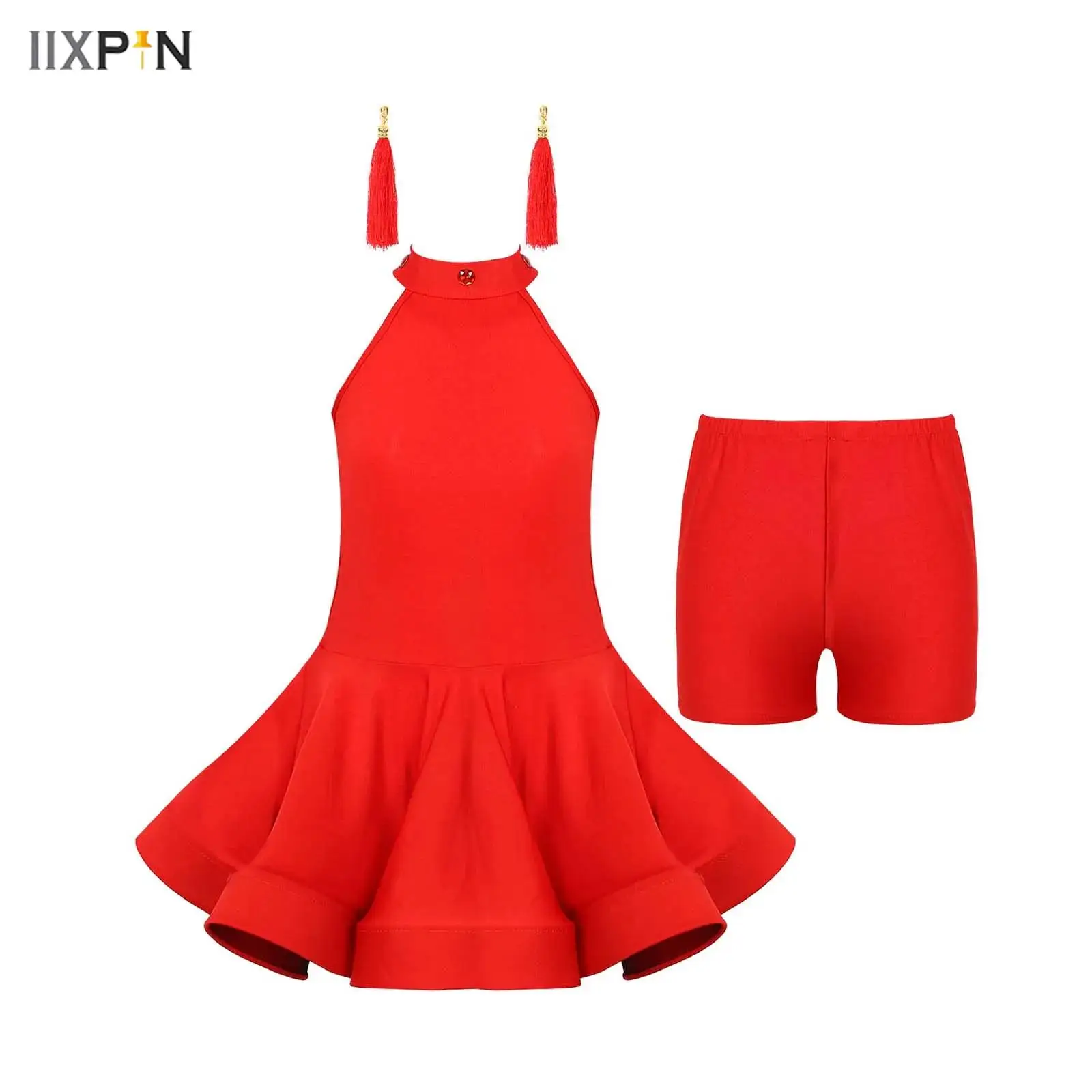 Kids Girls Latin Dancing Clothes Set Sleeveless Shiny Rhinestones Dress + Elastic Waistband Boxer Shorts + Tassel Earrings 3Pcs
