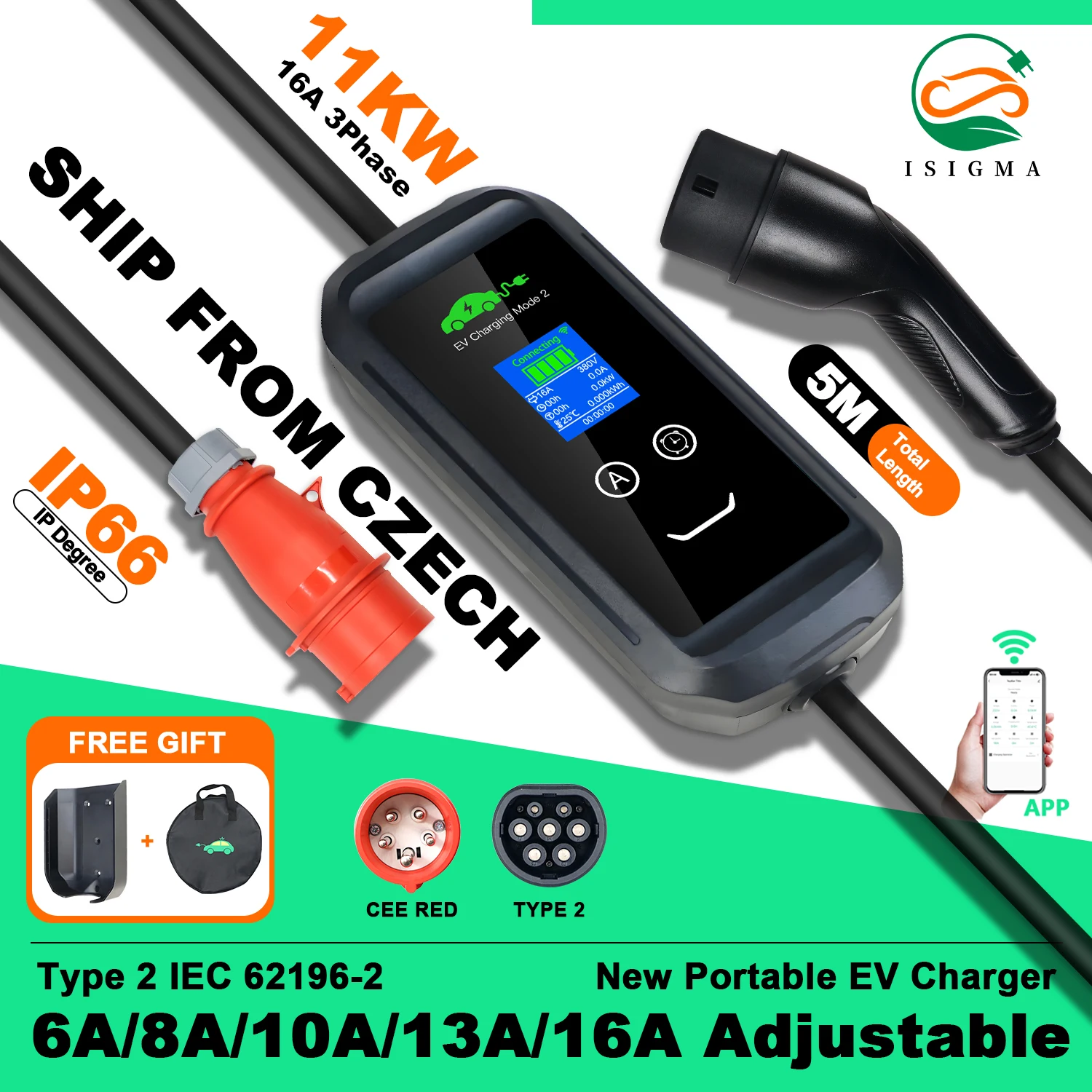 Einstellbar 6/8/10/13/16A 3P 11KW Typ2 APP EV-Ladegerät mit WLAN und Bluetooth, EU-Stecker für Heimladestation, Zeitverzögerung 1-15 Stunden, Steuerung per Telefon, IP66, 5M Kabellänge inklusive