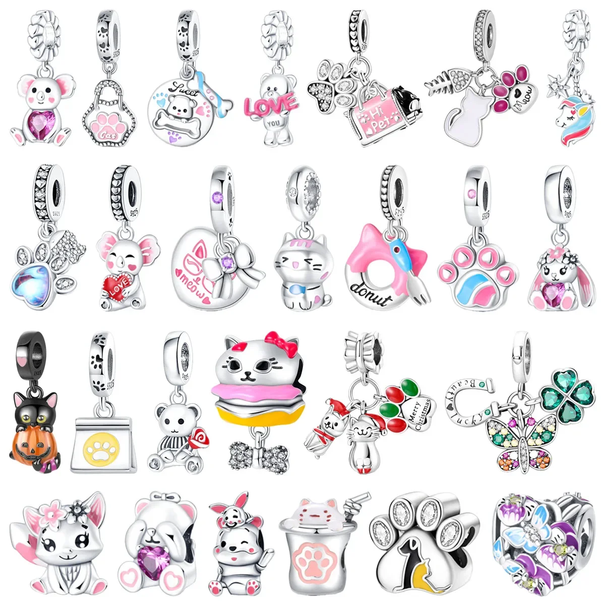 

Original 925 Charms Sterling Silver Animal Pink Moe Paw Cat Butterfly Beaded Pendant for Pandora DIYBracelet Ladies Jewelry Gift