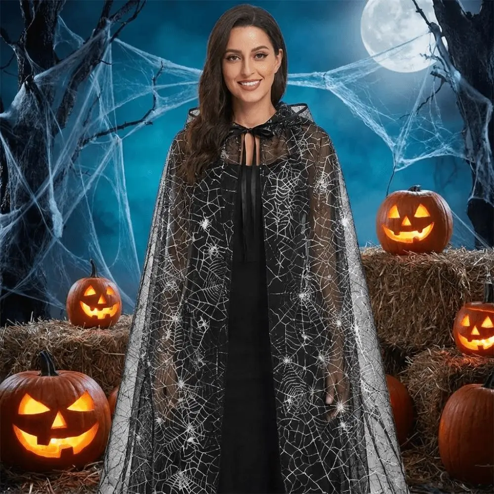 Gothic Style Lightweight Halloween Hooded Cape Semi-transparent Bat Spider Web Mesh Cardigan Black Creative Long Cloak Women