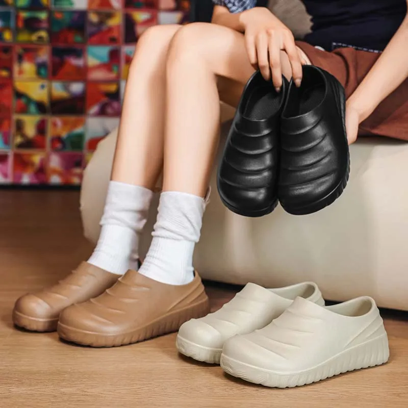 Unisex White Slip on Pleated EVA Shoes High Elastic Soft Waterproof Non Slip Platform Sole Couple Outdoor Beach Walking Closed