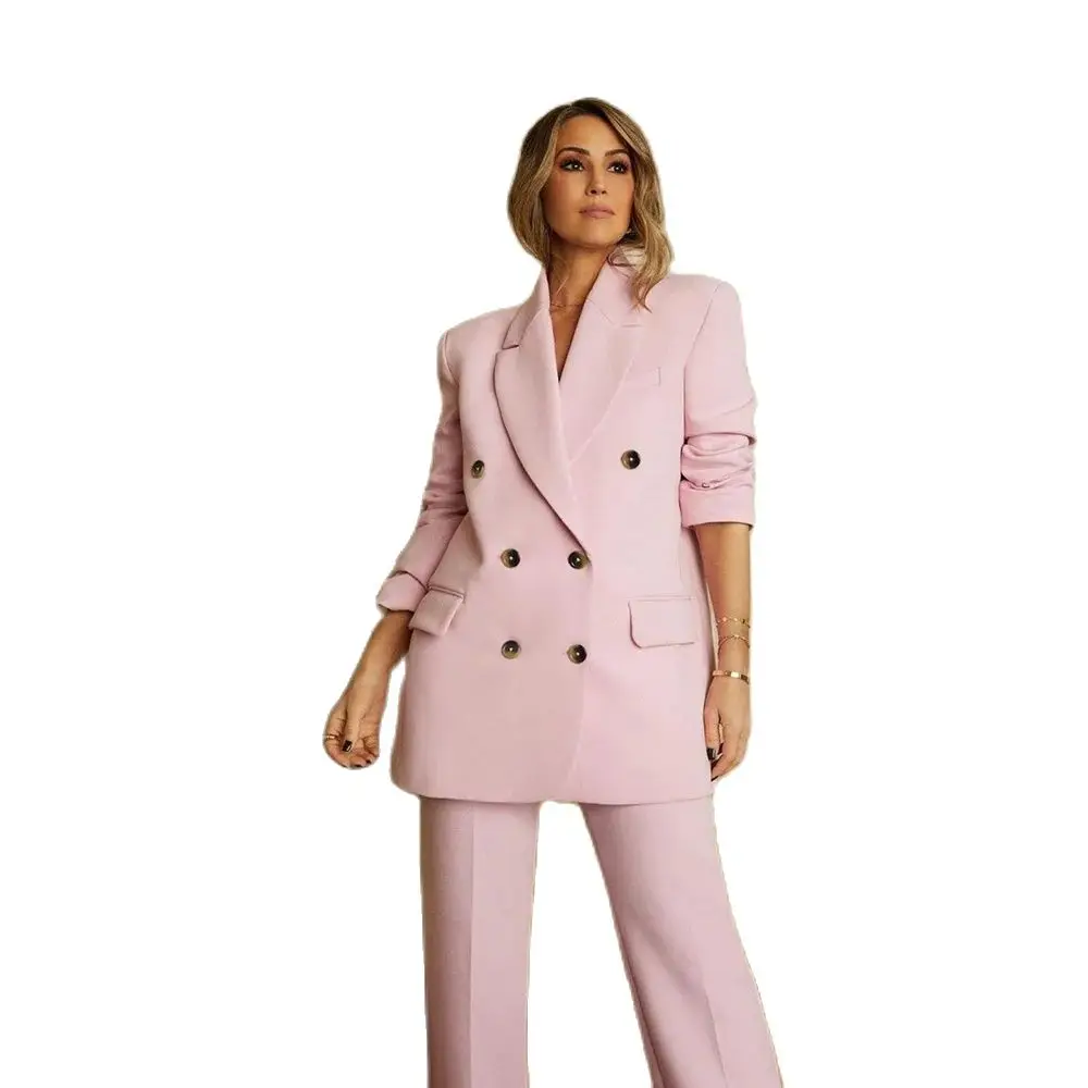 Pink Double Breasted Formal Women Suits Regular Length Formal Outfits Set Business Office Work Full Set 2 Piece Jacket Pants