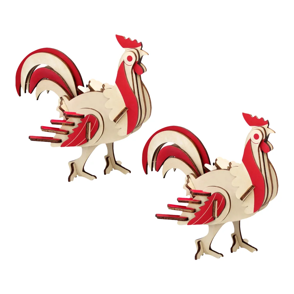 2 Sets Kids Toy Wooden Rooster Puzzle Plaything Jigsaw Decorations Red DIY Preschool