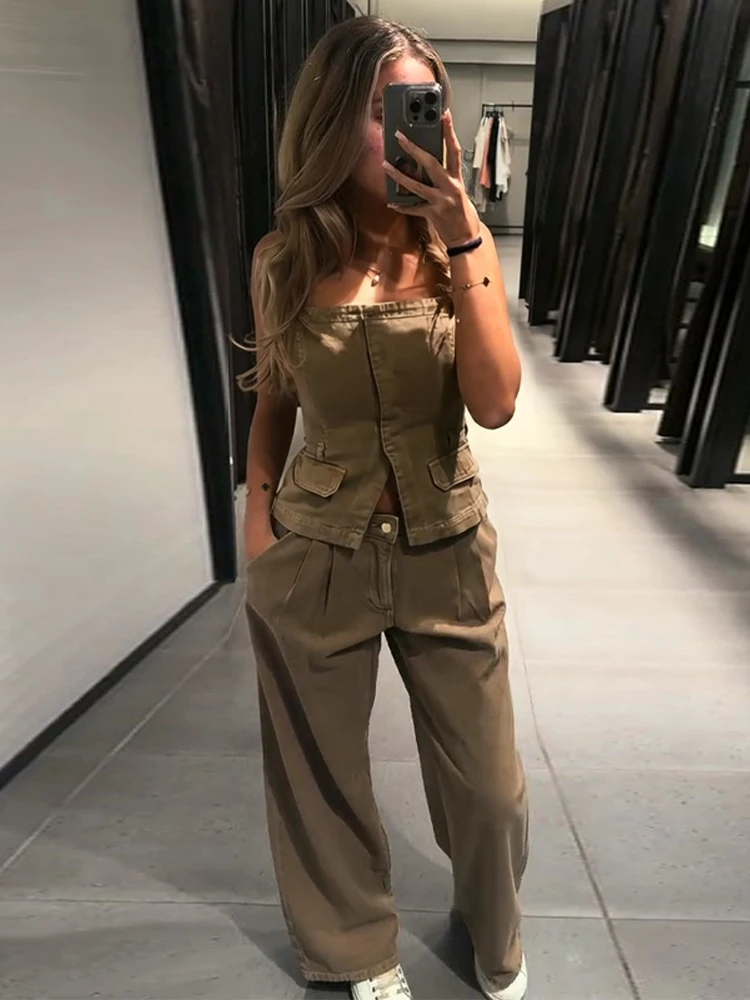 

Y2k Women's Chest Wrap Vest Pant Suit 2026 Slim Sleeveless Cowboy Top High Waist Button Jeans Female Sets Fashion Solid Lady Set