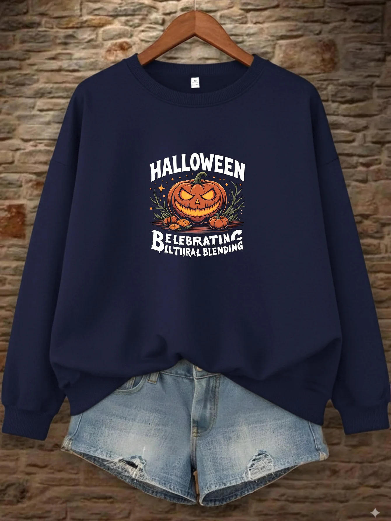 

Halloween Navy Blue Women's Sweatshirt, Single Piece "pumpkin" Print Crew Neck Versatile Loose Casual Fall/winter Collection