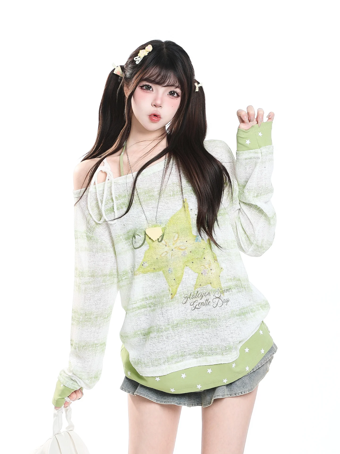 Korean Style Long Sleeve T-Shirt Women's Loose Casual Slimming Two-Piece Set Sunshade Cover up Breathable Comfortable Cotton