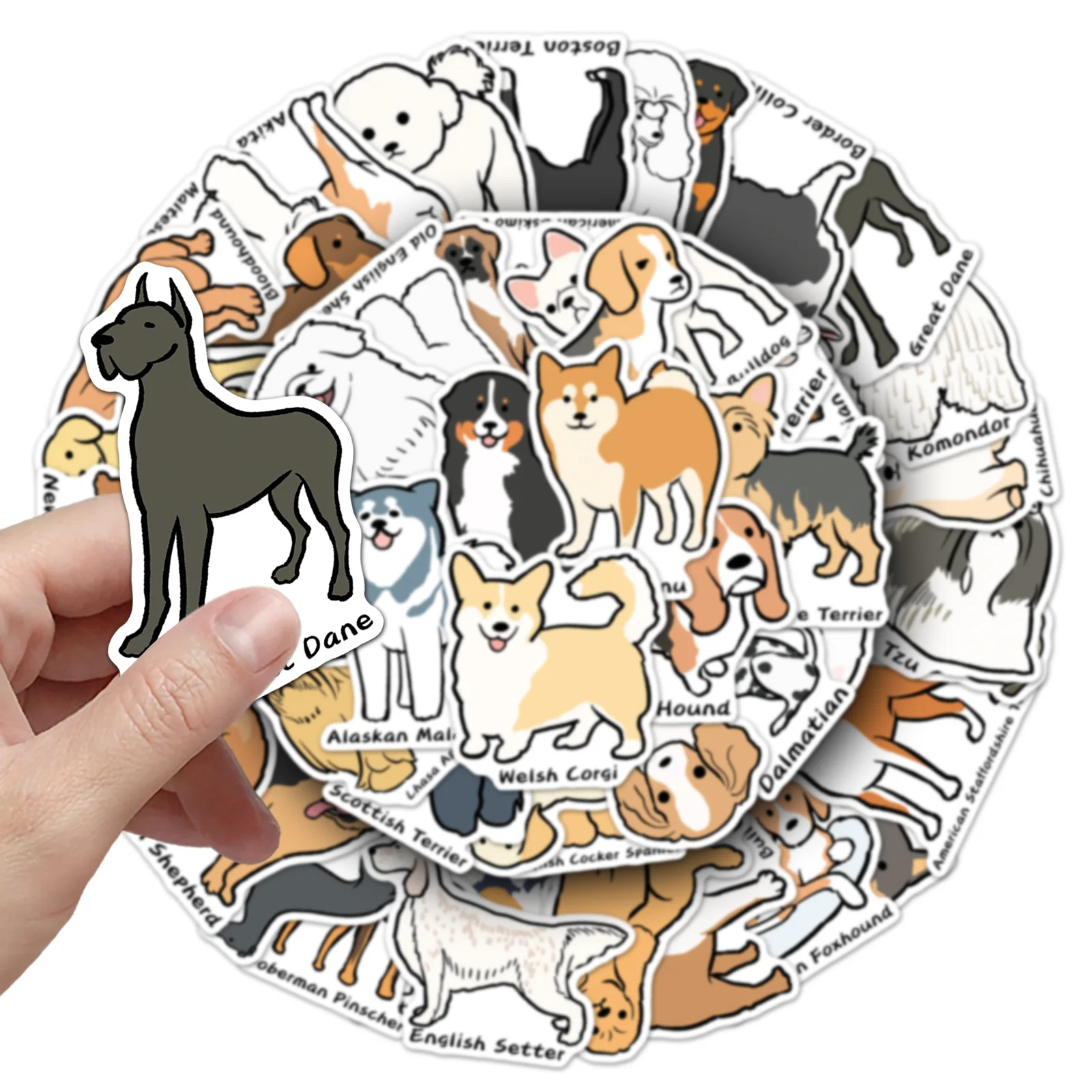 50 Pcs Original Puppy Breed Guide Stickers Cartoon Cute Pet English Names Waterproof For Phone Case Scrapbooking