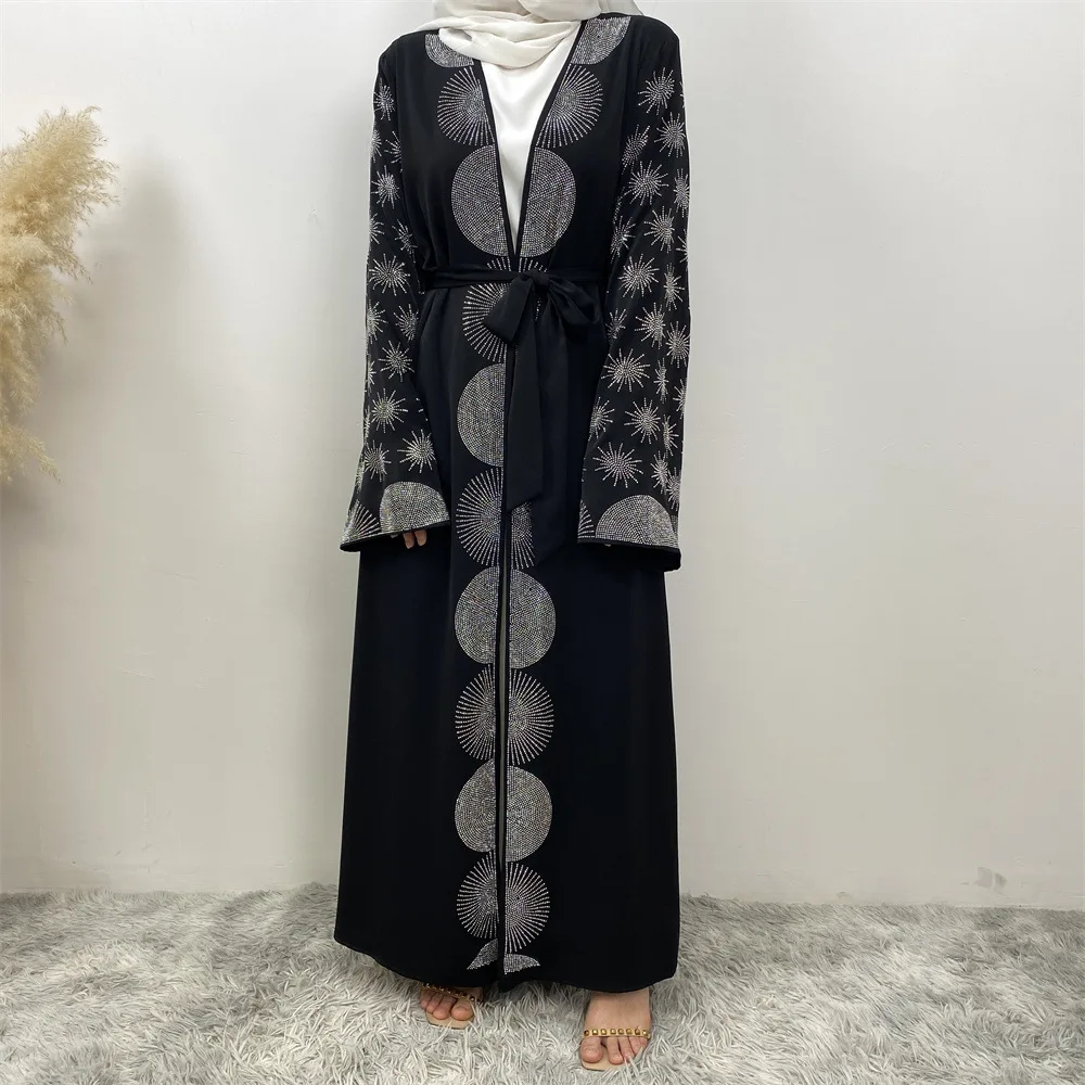 

Fashion Muslim Women Middle East Dubai Hot Diamond Lace-Up Cardigan with Pocket Dress Abaya Robe