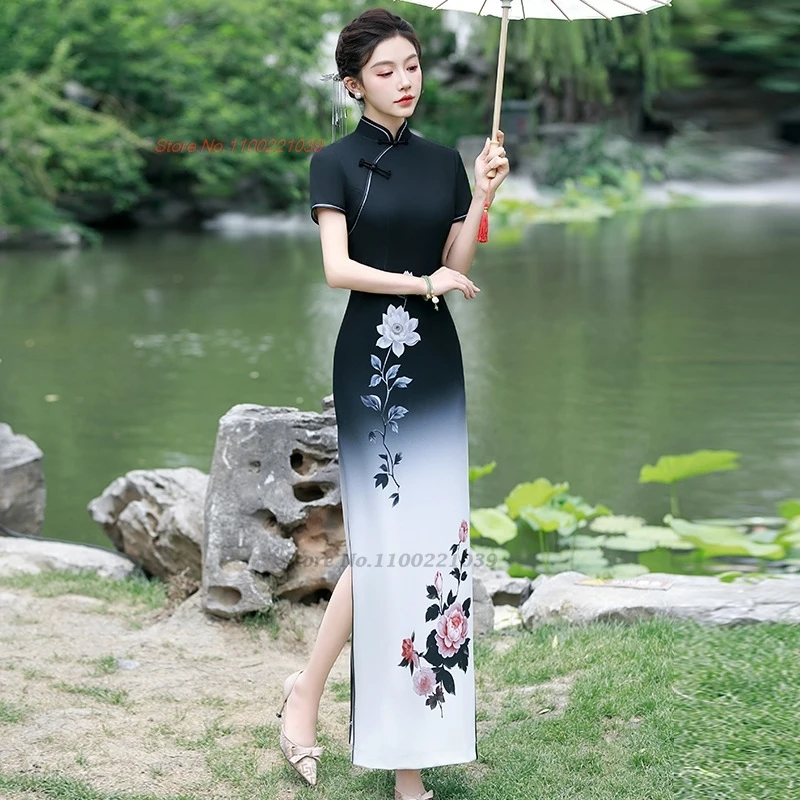 

2025 chinese dress improved qipao national flower print gradient color dress cheongsam oriental banquet evening dress qipao