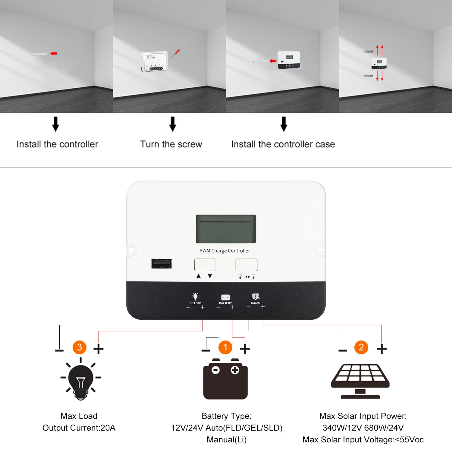 20PCS PWM Solar Charge Controller 20A Flush Mount Solar Panel Battery Intelligent Regulator Auto 12/24V LCD Displa with USB Port