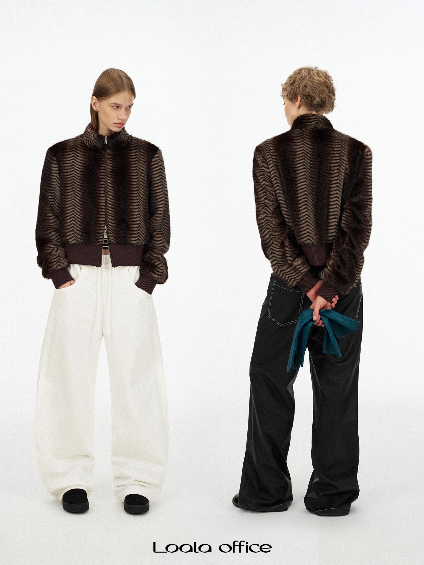 

Loala Office Retro adient Wave Pattern Eco-Friendly Fur ort Jaet Women's Casual Sle Stand Fit Polyester Fabric