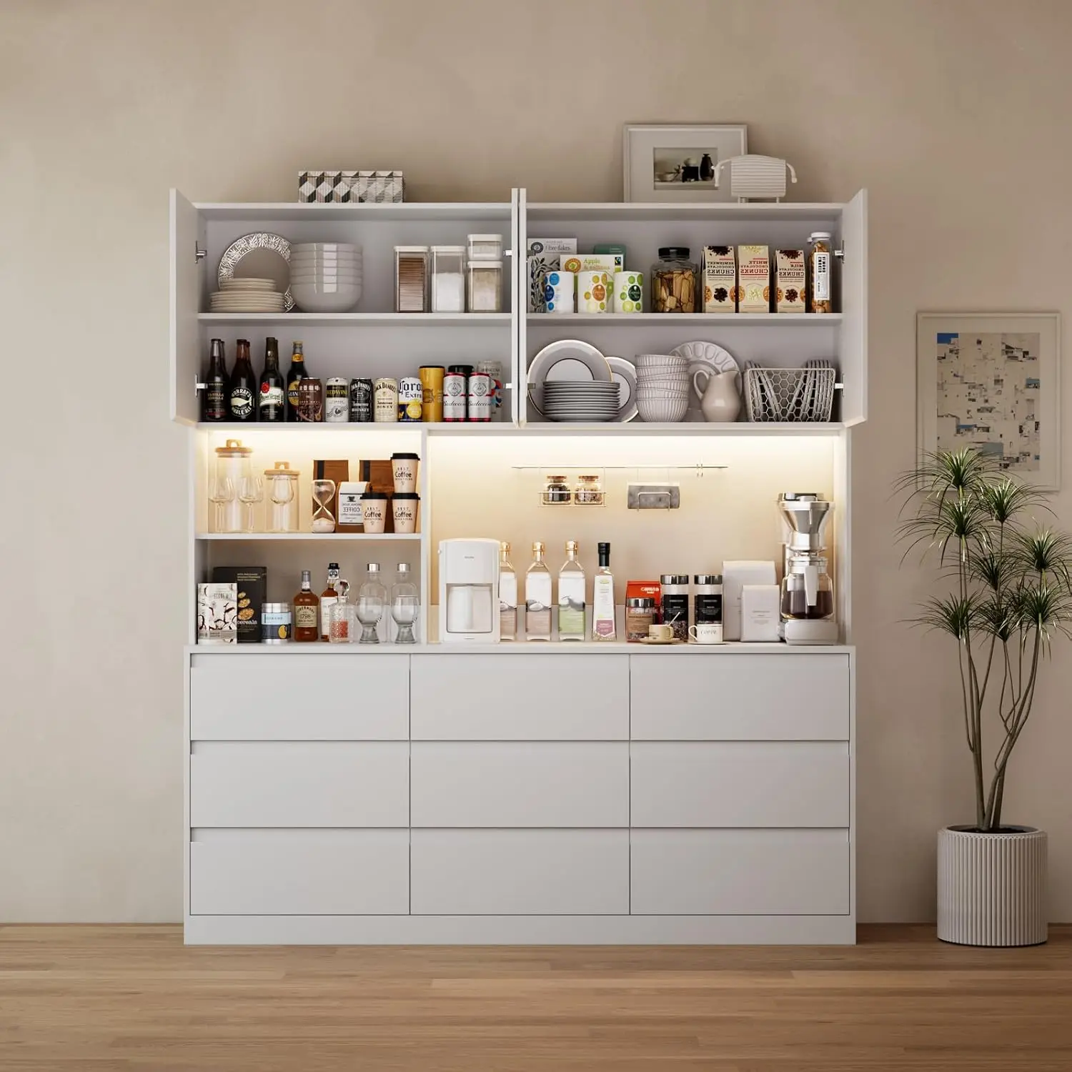 

78-дюймовый светодиодный шкаф для кладовой со столешницей/зарядной станцией, высокий кухонный шкаф для хранения с 9 ящиками, большой 4 двери шириной 7 дюймов