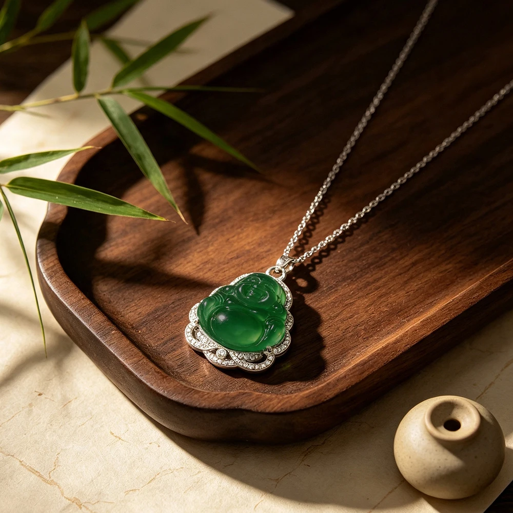 Imitation Green Jade Maitreya Buddha Necklace for Women, Silver Diamond-Encrusted Buddha Pendant, Chinese Style Clavicle Chain Gift