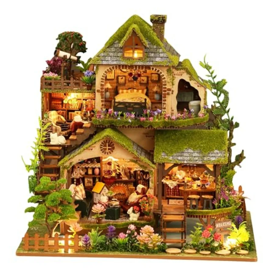 

Miniature House Kit Dollhouse Kit DIY Mini House Building Kit for Adult Forest Adventure Wooden Transparent Colorful Design Det