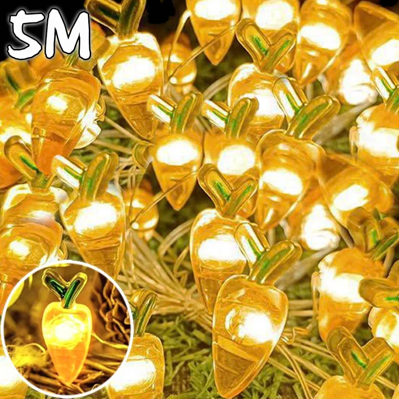 1/5M Easter Light Strings Easter Egg Carrot Rabbit Shaped Decor Light String Battery-powered Home Party Outdoor Lighting Supply