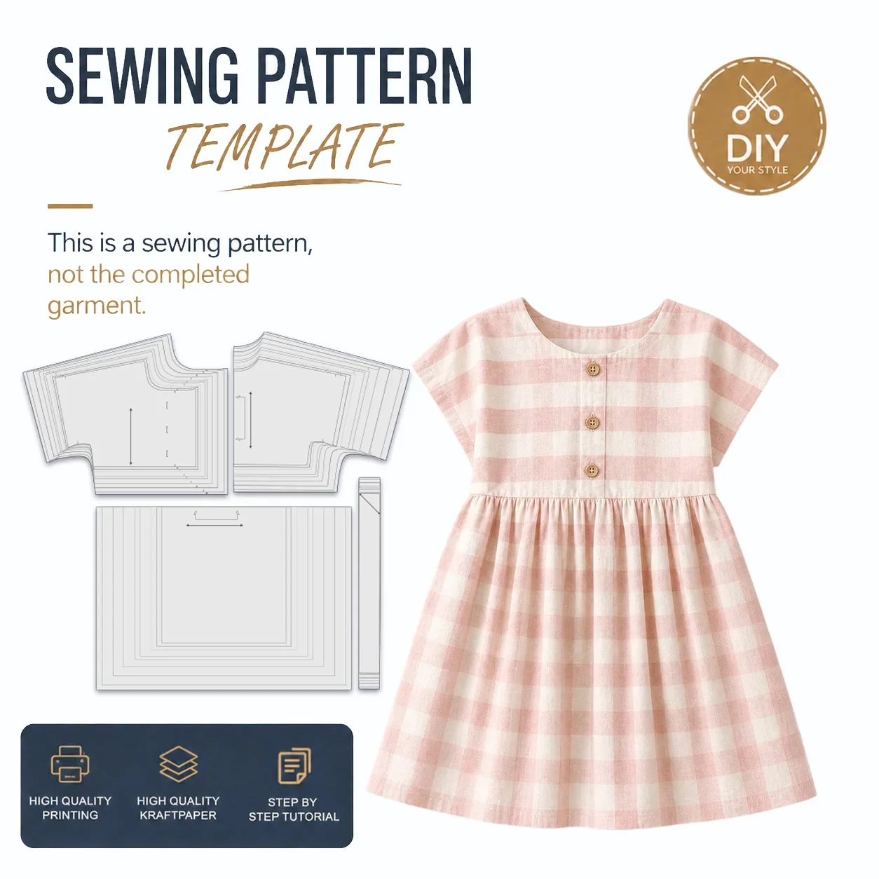 Gingham Button Dress sewing patterns, kraft paper printed template with clear lines, easy sewing project for beginners