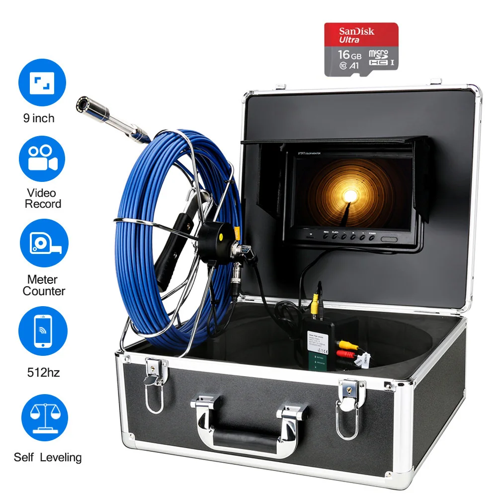 

9" Monitor DVR Pipe Inspection Video Camera with Meter Counter Auto Self Leveling 512HZ Pipe Locator 22MM IP68 HD 1000TVL