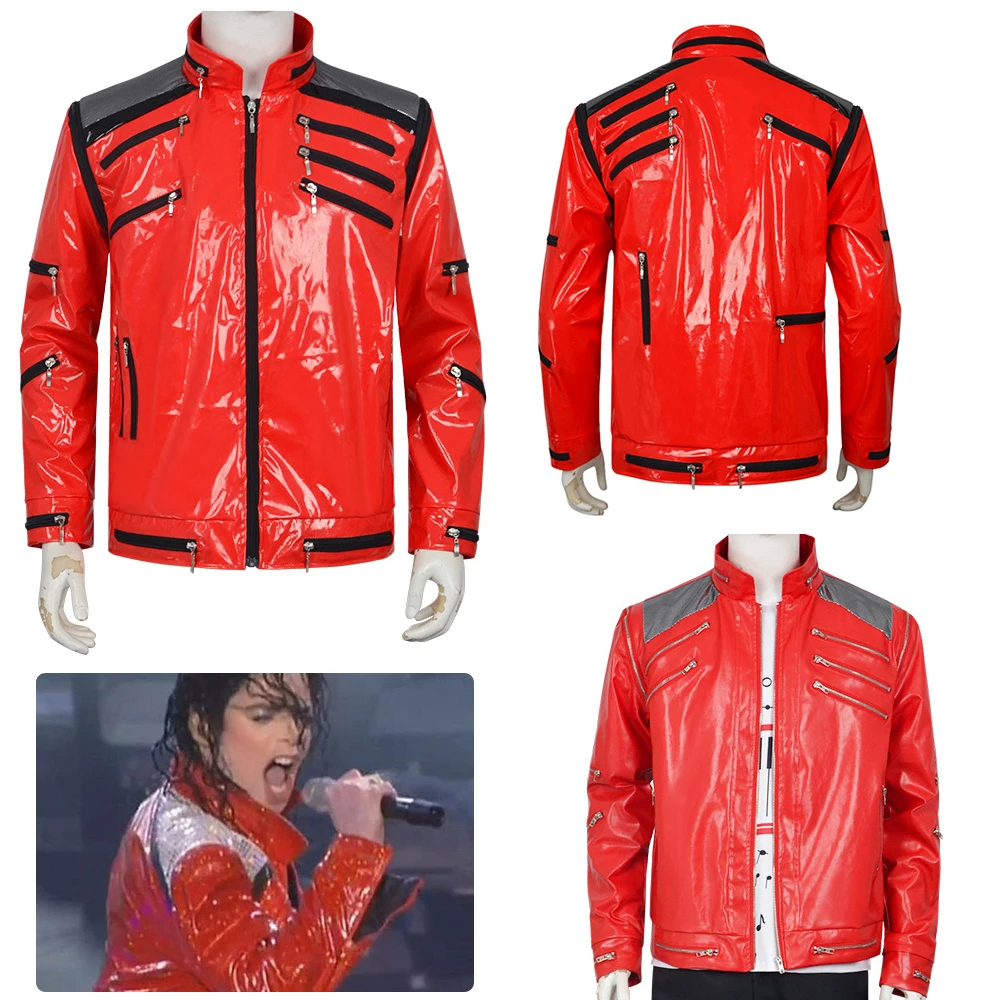 Herren Rote Jacke Michael Jackson Beat It Klassischer Roter Stil Multi-Reißverschluss Punk Motorradjacke oder Cosplay MV Rote Reißverschluss-Lederjacke