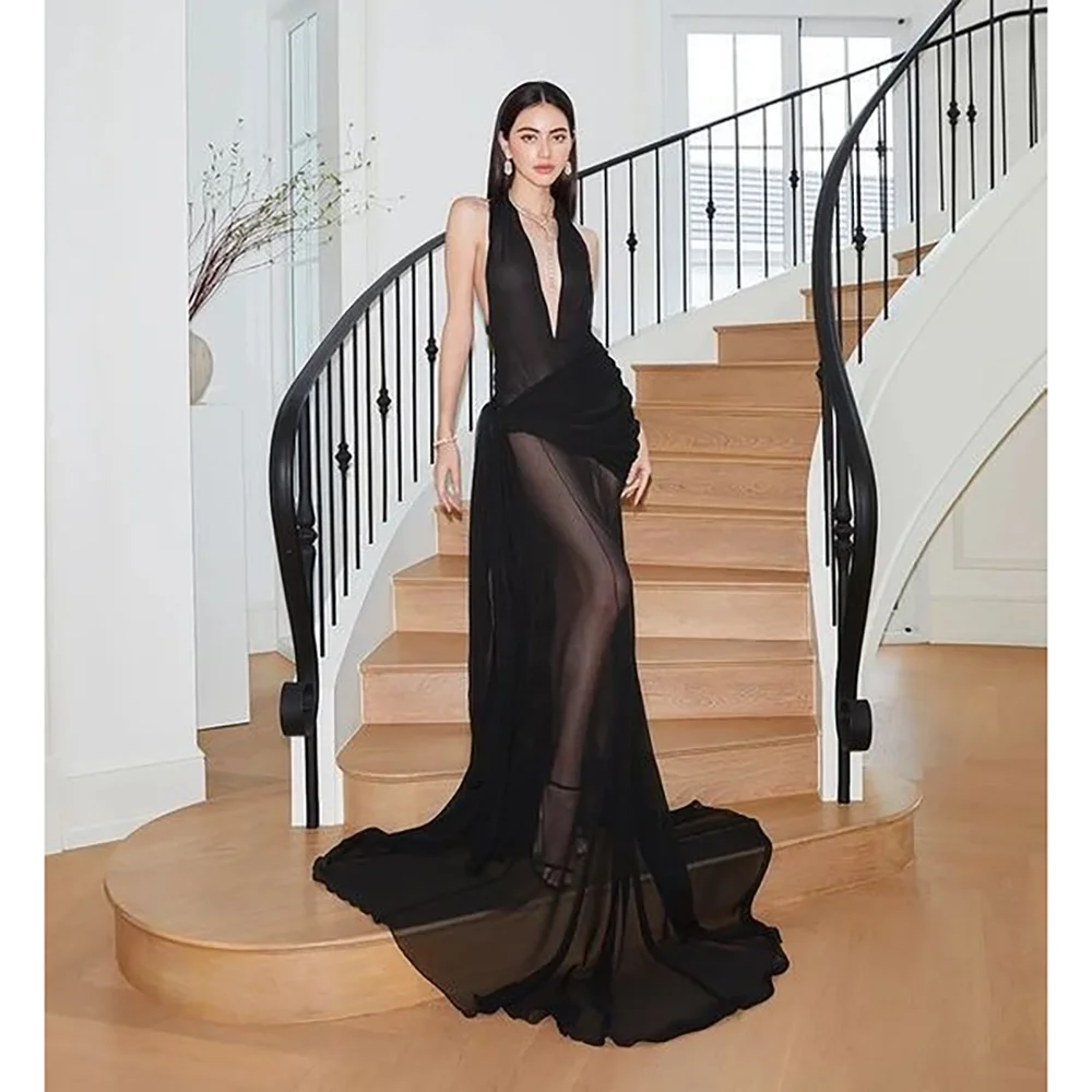 

Design Fashion Sexy Deep V Neck Sleeveless Evening Dress Tulle Illusion Prom Dress Formal Party Gown