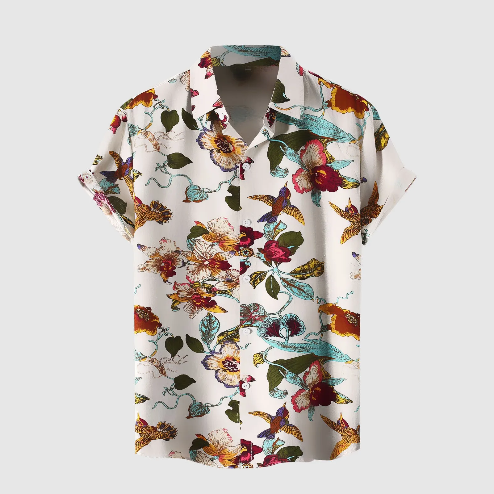 Summer Men Shirt Birds Floral Print Short Sleeve Shirts Casual Short Sleeve Lapel Hawaiian Blouse Vacation Beach Top Tee Camisas