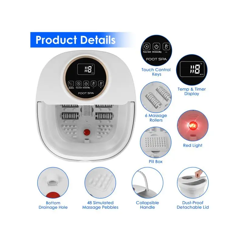 جهاز تدليك كهربائي للقدمين قابل للطي مع جهاز تحكم عن بعد، 24 مستويًا للحرارة، 6 إعدادات للمؤقت، 6 بكرات تدليك و48 حصاة مقلدة #6