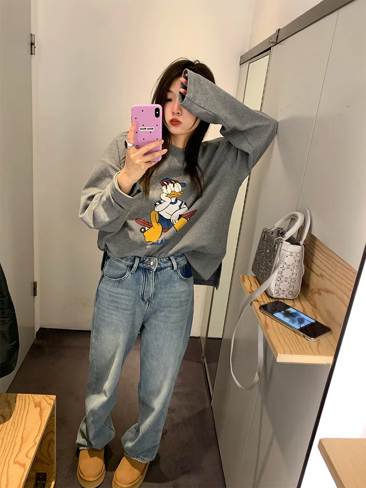 

Ey Long Sve футболка женский базовый слой свободный топ осень зима новый принт повседневный хлопок полиэстер круглый Ne свитшот