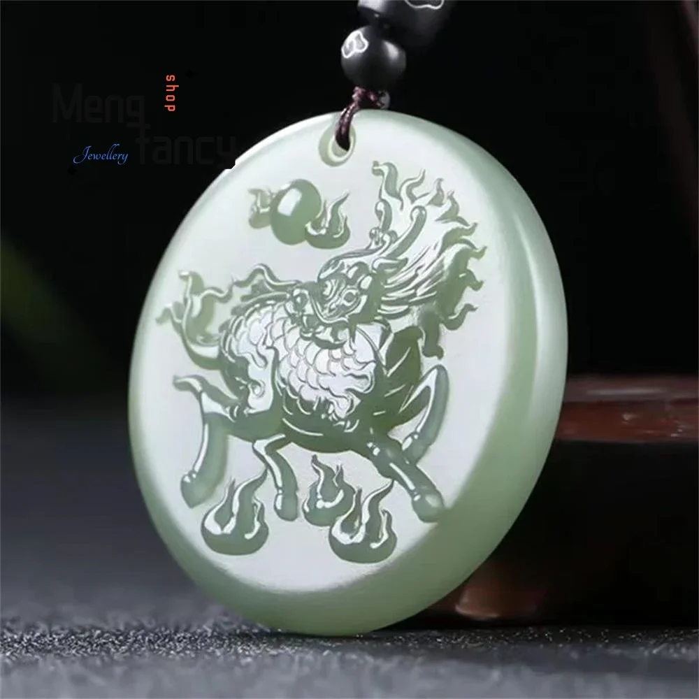 Hetian Green Jade Fire Unicorn Plaque Pendant Exquisite Elegant Simple High-grade Luxury Fashion Jewelry Mascots Holiday Gifts