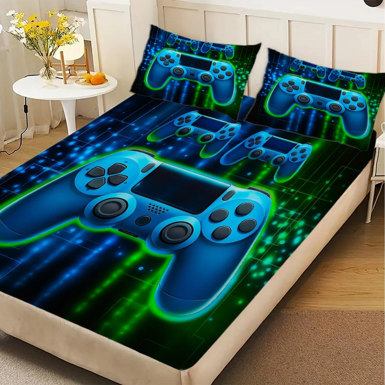 1pc Neon Blue Game Controller Print Fitted Sheet Deep Pocket Elastic Mattress Cover Single Double Queen King Bedroom Decor