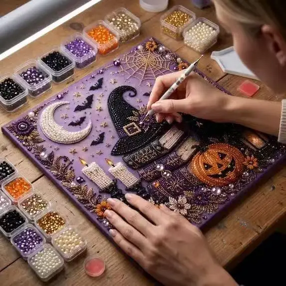 Halloween Witch Hat Diamond Painting Kit, Black Cat Moon Bat Crystal Rhinestone Art, DIY Handmade Wall Decor, Holiday Desktop Ornament Party Favor for Adults