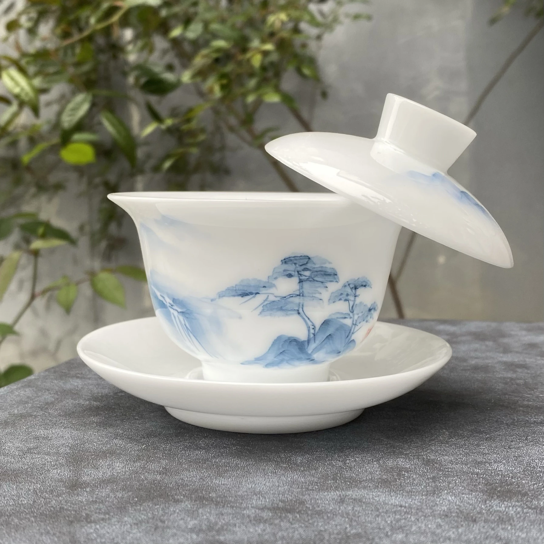 Handmade Jingdezhen Pure Hand Drawing Ice-like White Jade Teacup Single High-End Home Three Pieces Tea Making Bowl