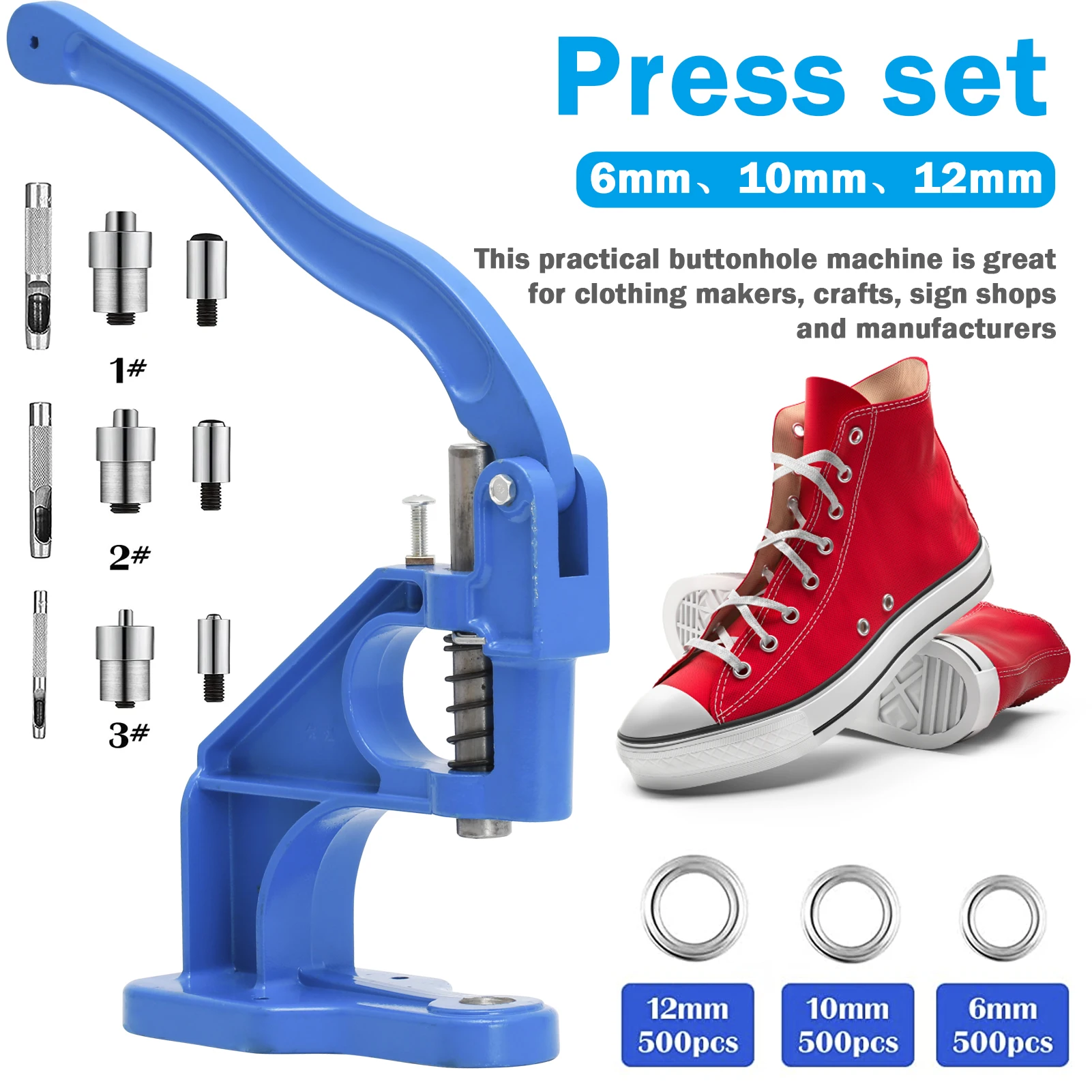 Metal Grommet Machine, Eyelet Press, Manual Press Set with 3 Dies and 1500 6/10/12mm Grommets