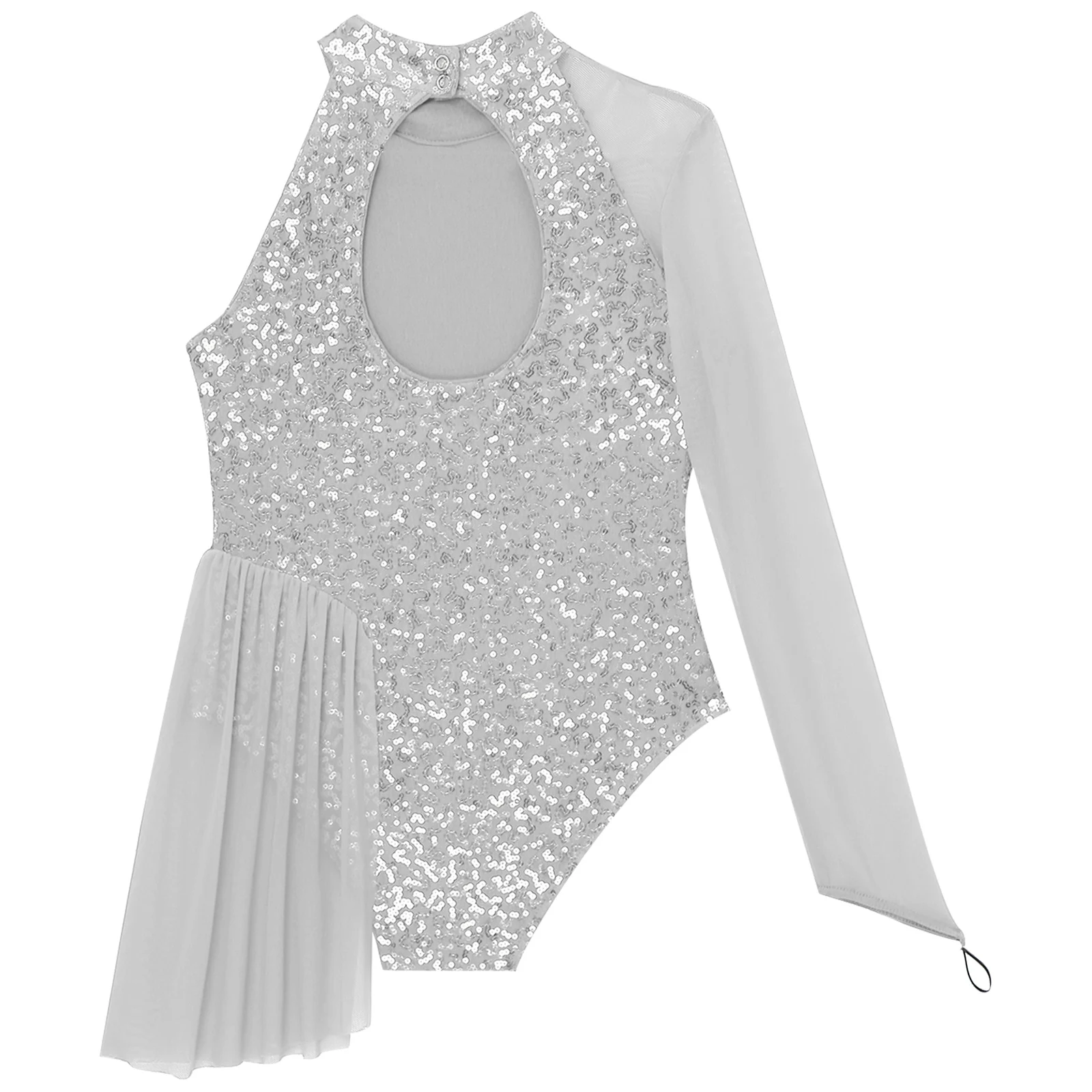 Kids Girl Jazz Latin Dance Bodysuit Kunstschaatsen Ballet Gymnastiek Uitvoering Kostuum Een Schouder Pailletten Doorschijnend Mesh Turnpakje