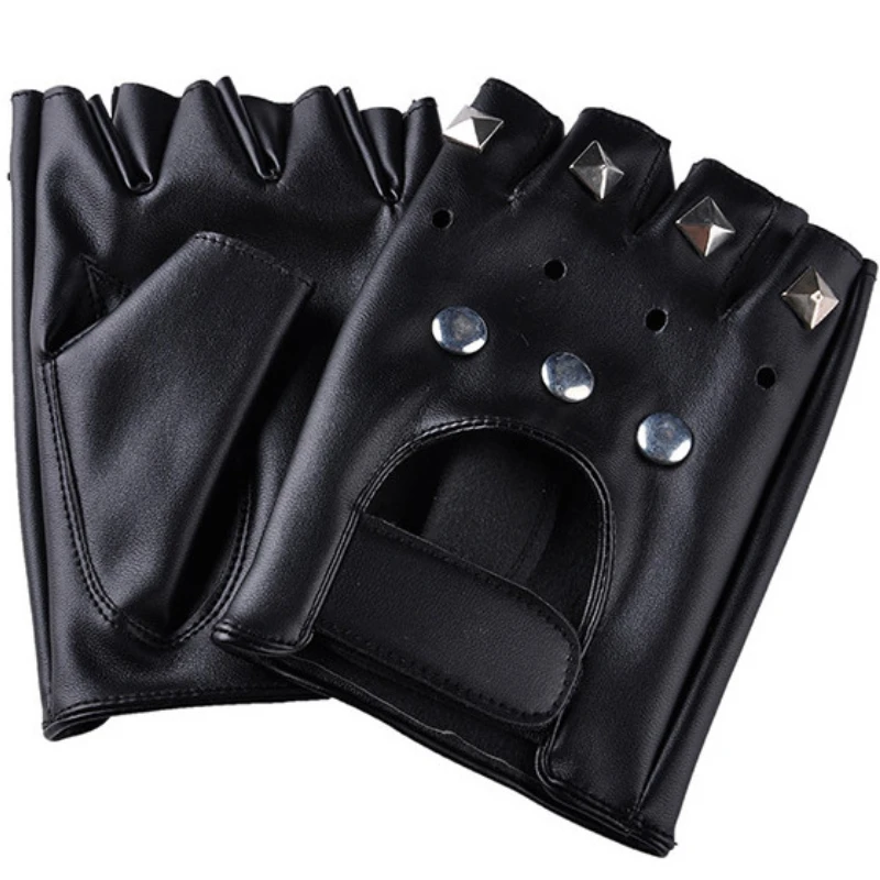 Black Studded PU Leather Fingerless Gloves Fashion Hip Hop Gym Punk Half Finger Gloves for Adult Halloween Cosplay Gloves