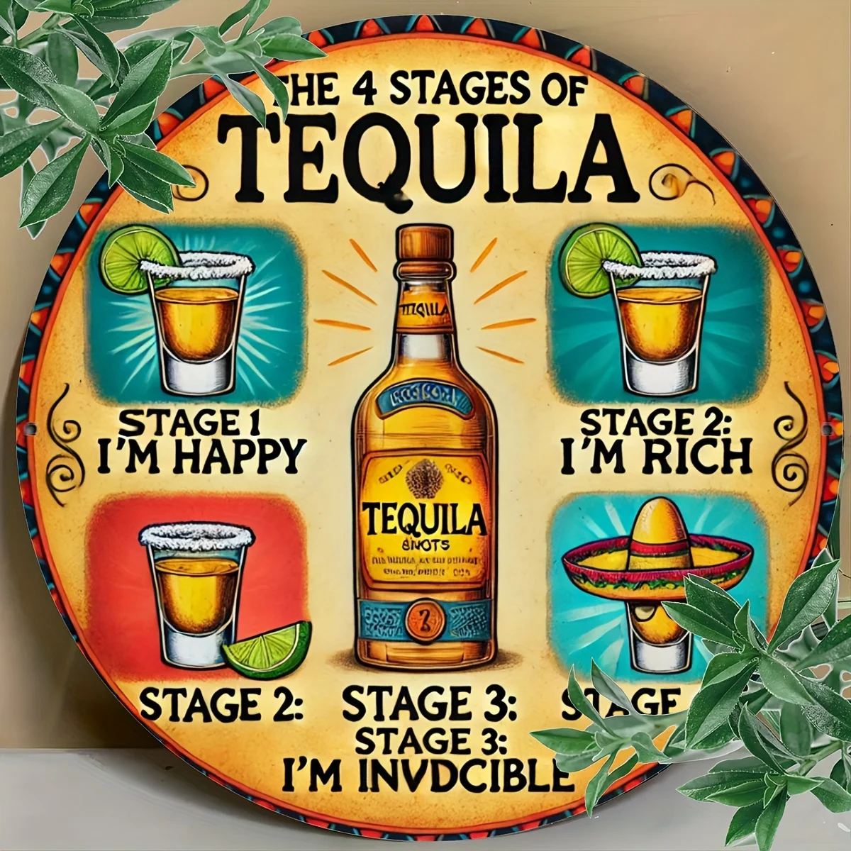 [2D Flat] Pintura circular de aluminio de Tequila "Retro Metal", las cuatro etapas, de 7,8 x 7,8 pulgadas, hecha de aluminio, perfecta para dormitorio