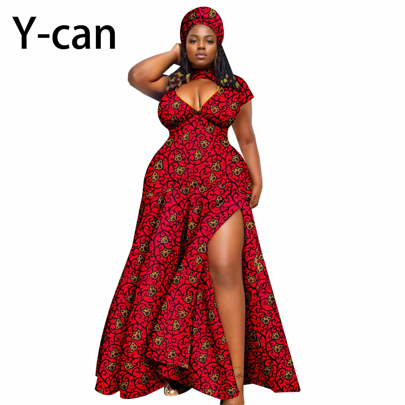 Dashiki African Women Dress Bazin Batik Sleeveless Slim Fit  Mermaid Long Dress Sexy  Hollow Women Dress with Headscarf 2425143