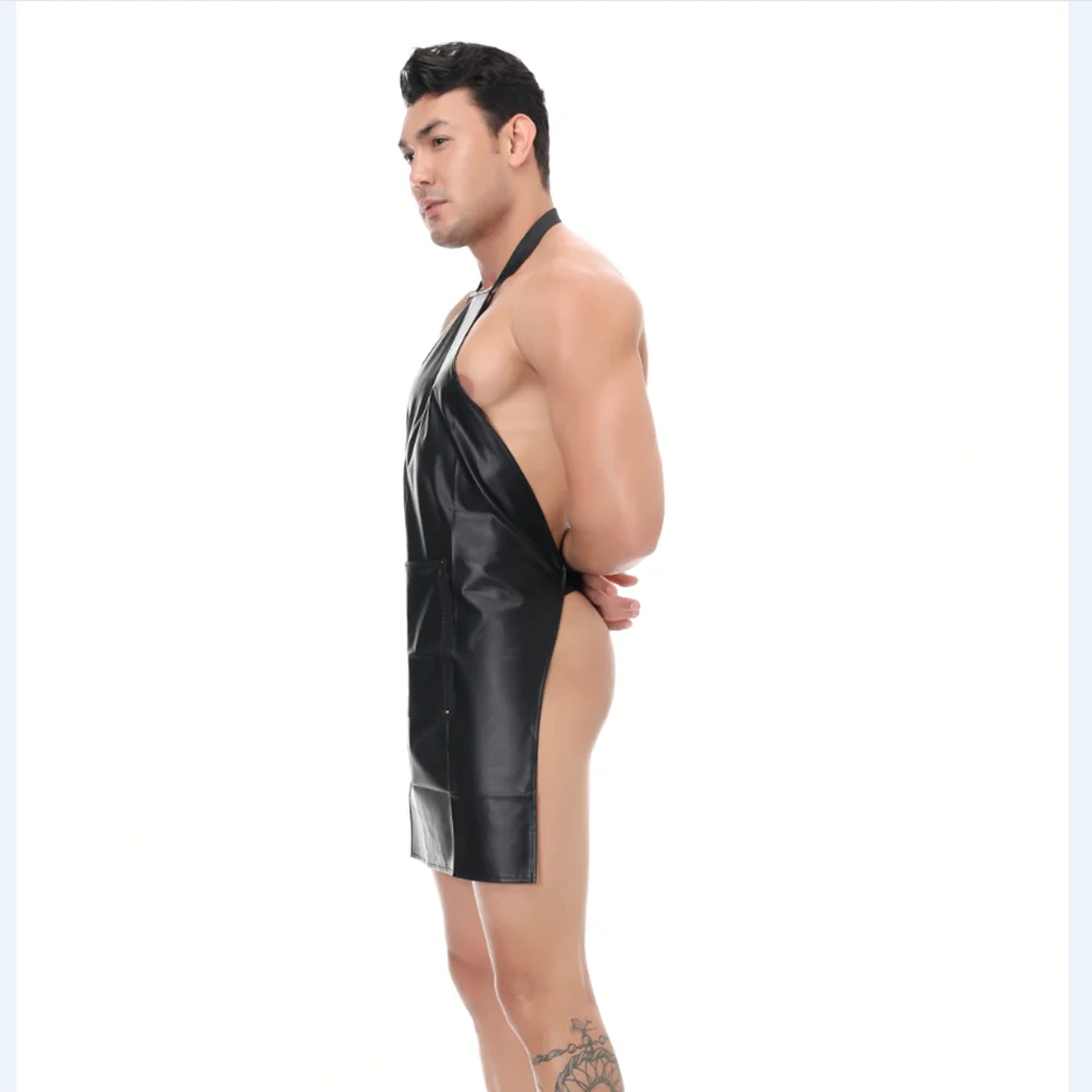 

New Sexy Patent Leather Butcher Apron Style Halter Sexy Lingerie for Men Open Crotch Novelty Light Club Costumes Male Lingerie