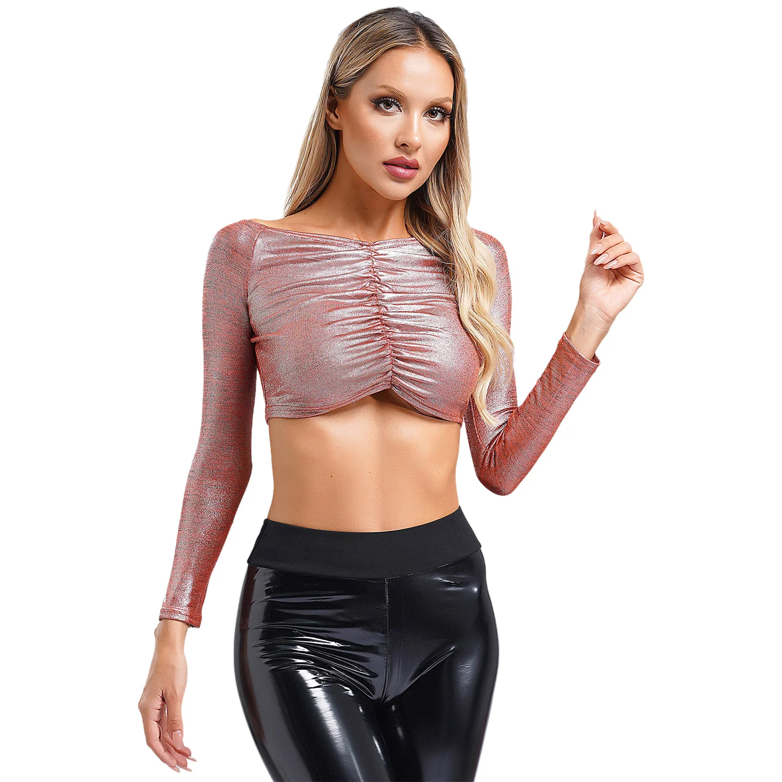 Womens Fashion Ruched Crop Top Solid Color Long Sleeve Shimmery T-shirt Tops for Club Rave Party Music Festival Clothings